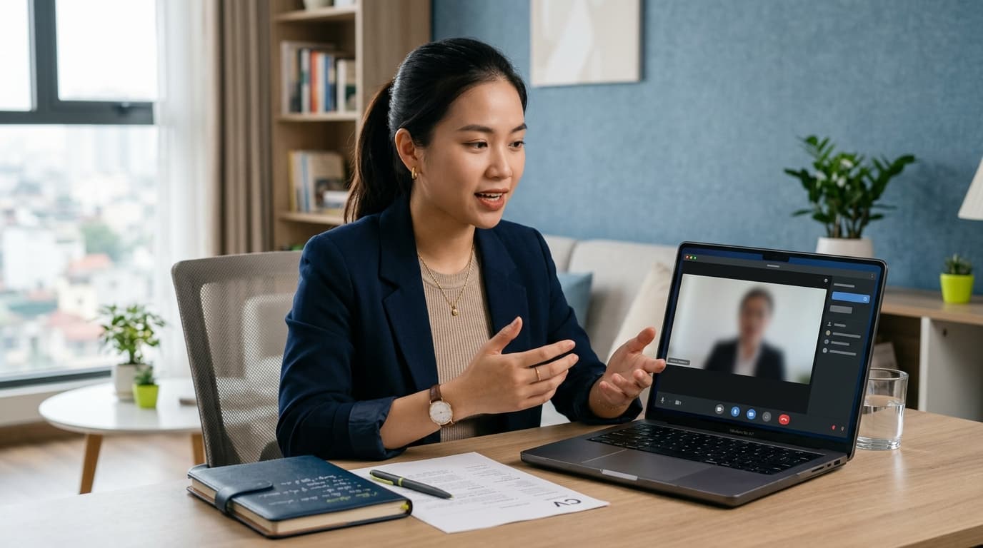Ứng viên thực hành phỏng vấn mô phỏng cùng máy tính và tài liệu CV